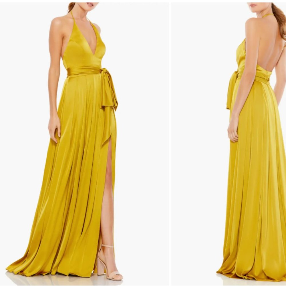MAC DUGGAL 26531 CHARMEUSE HALTER STRAP SOFT TIE WAIST CHARTREUSE GOWN sz 0